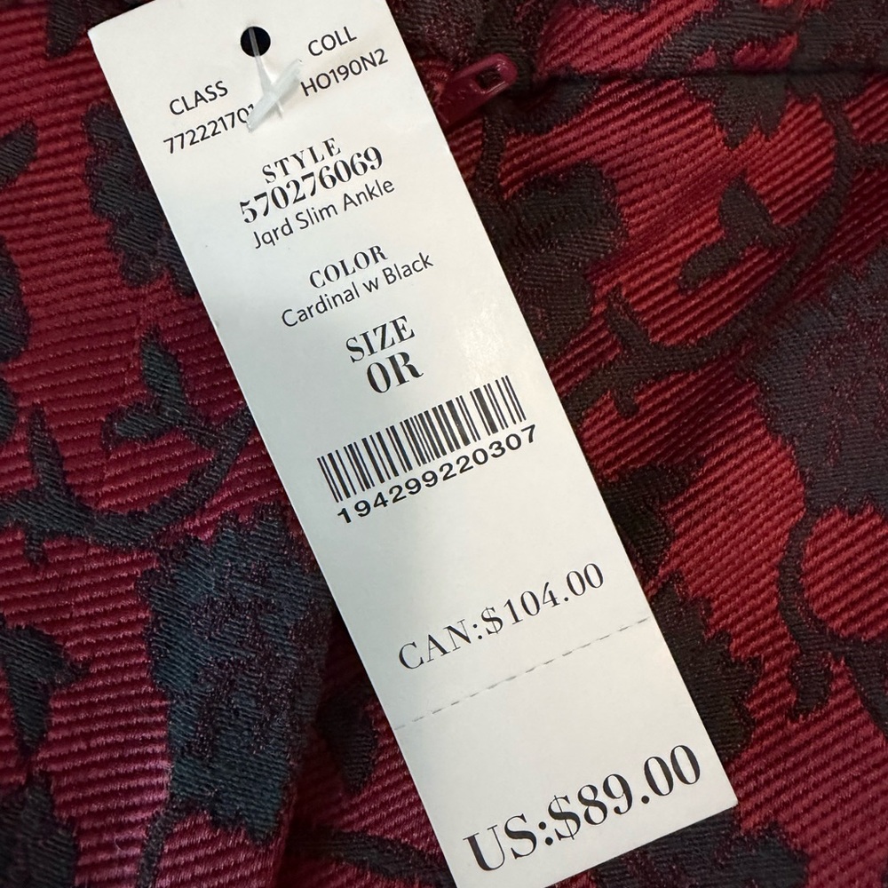 White House Black Market Red and Black Floral Jacquard Slim Pants